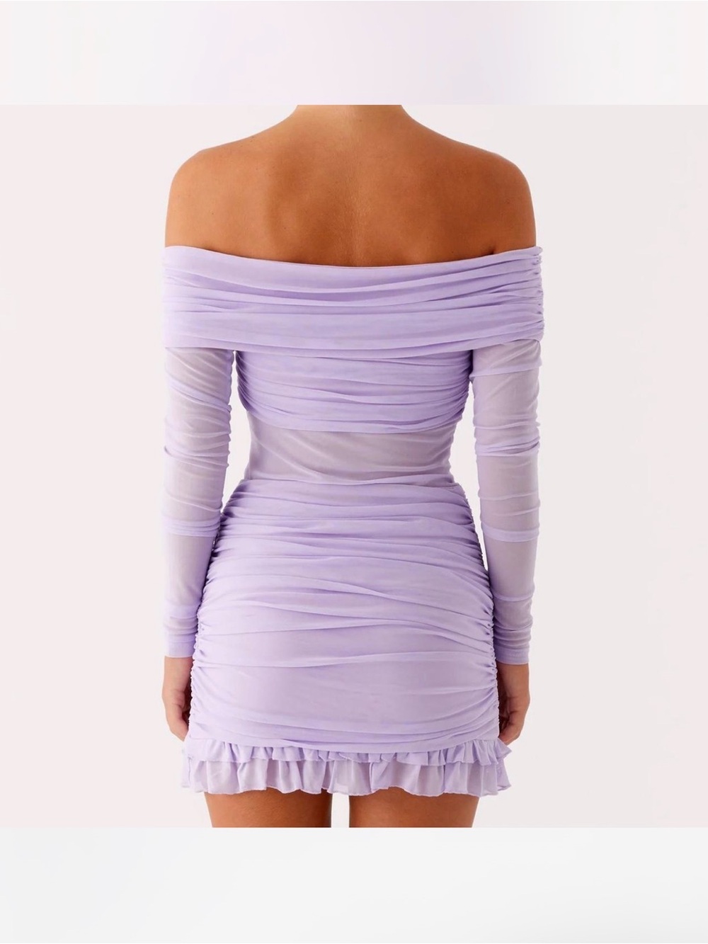 Peppermayo Lilac Off-Shoulder Ruched Long Sleeve Mini Dress - Picture 2 of 5